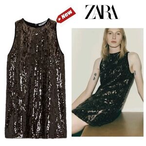 Zara dark chocolate brown sequin appliqué sleeveless short mini dress sparkly